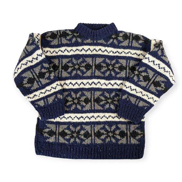 Wooly-Wooly Handmade Sweater ~ Ecuador Andean knitted raw wool fair isle navy - Picture 6 of 6